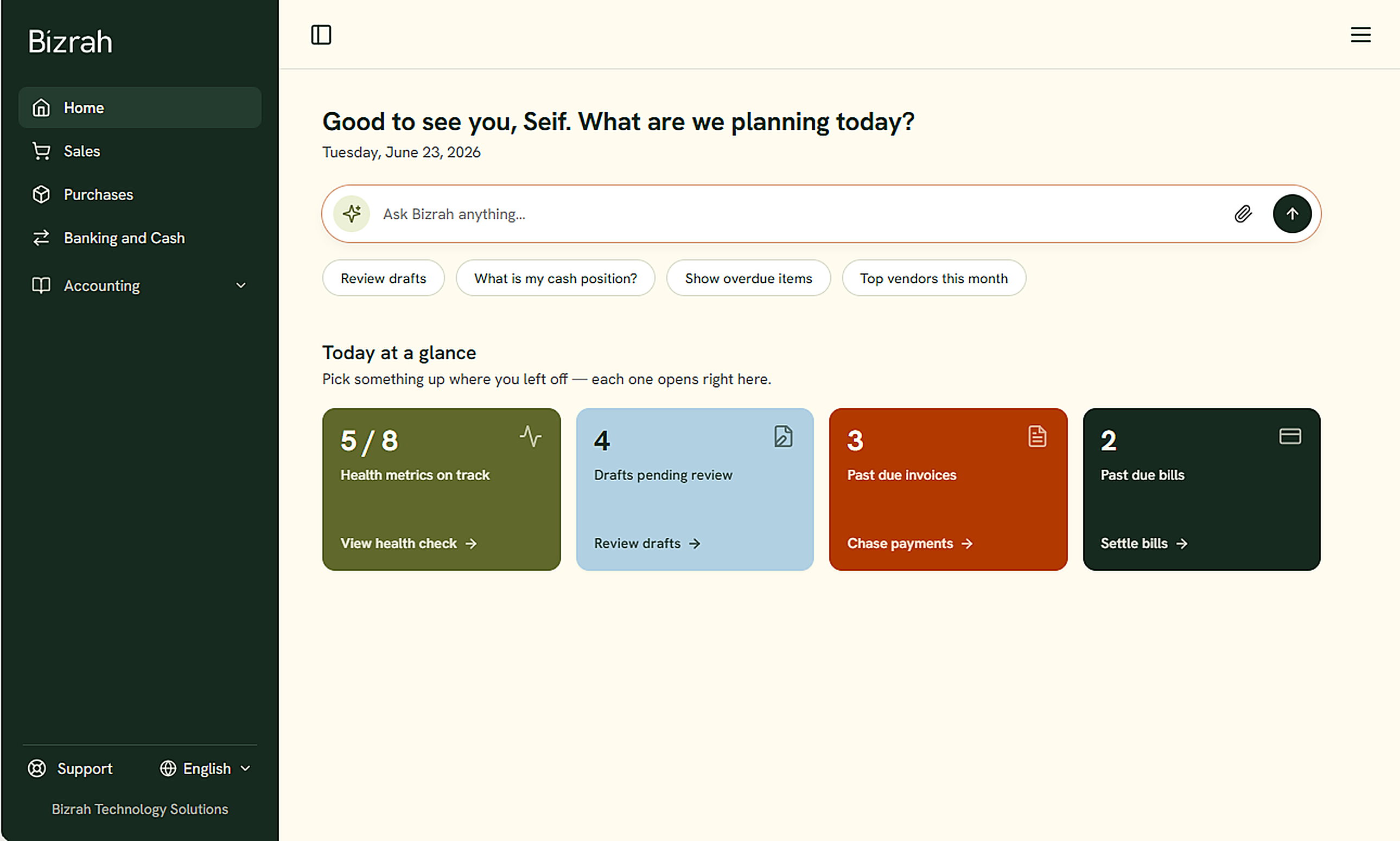 Bizrah dashboard showing planning prompts and financial task cards